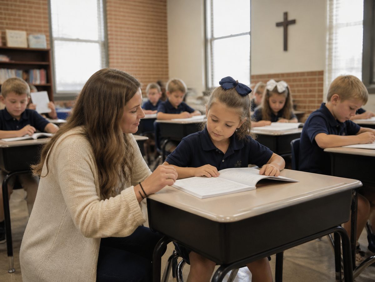 Elementary students in uniform at their desks in a Shreveport Christian school classroom